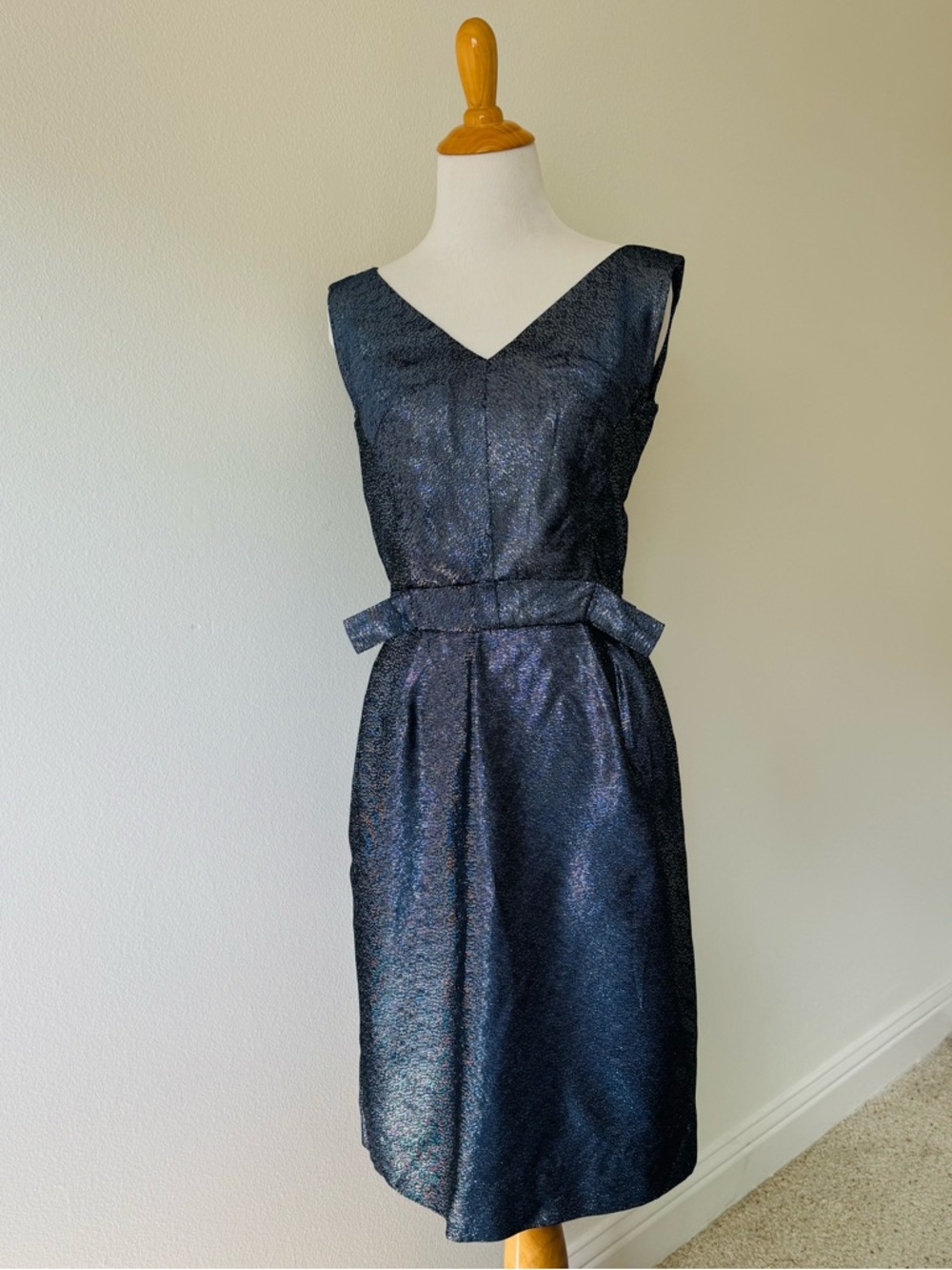 1960’s Vintage Navy Iridescent V-Neck Midi Dress